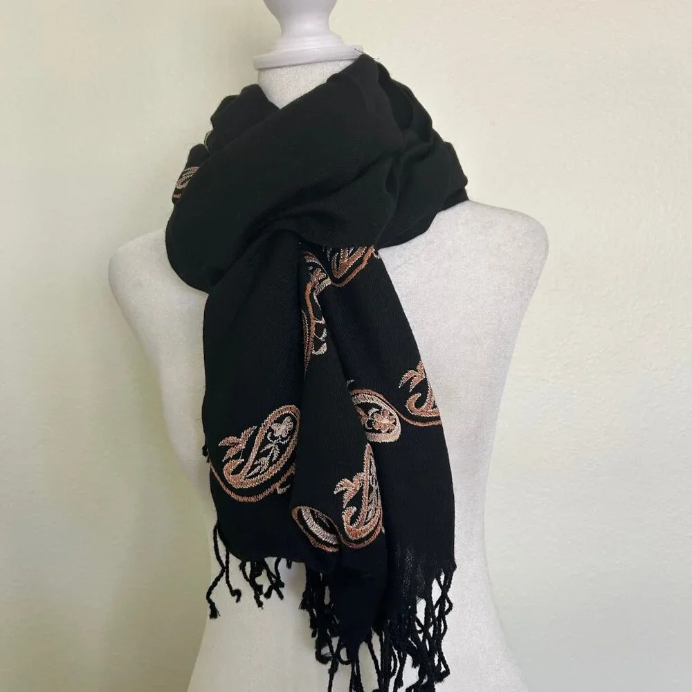 Womens Wool Scarf Black Paisley Trim Tassel Fringe Wrap Shawl Soft Boho Classic